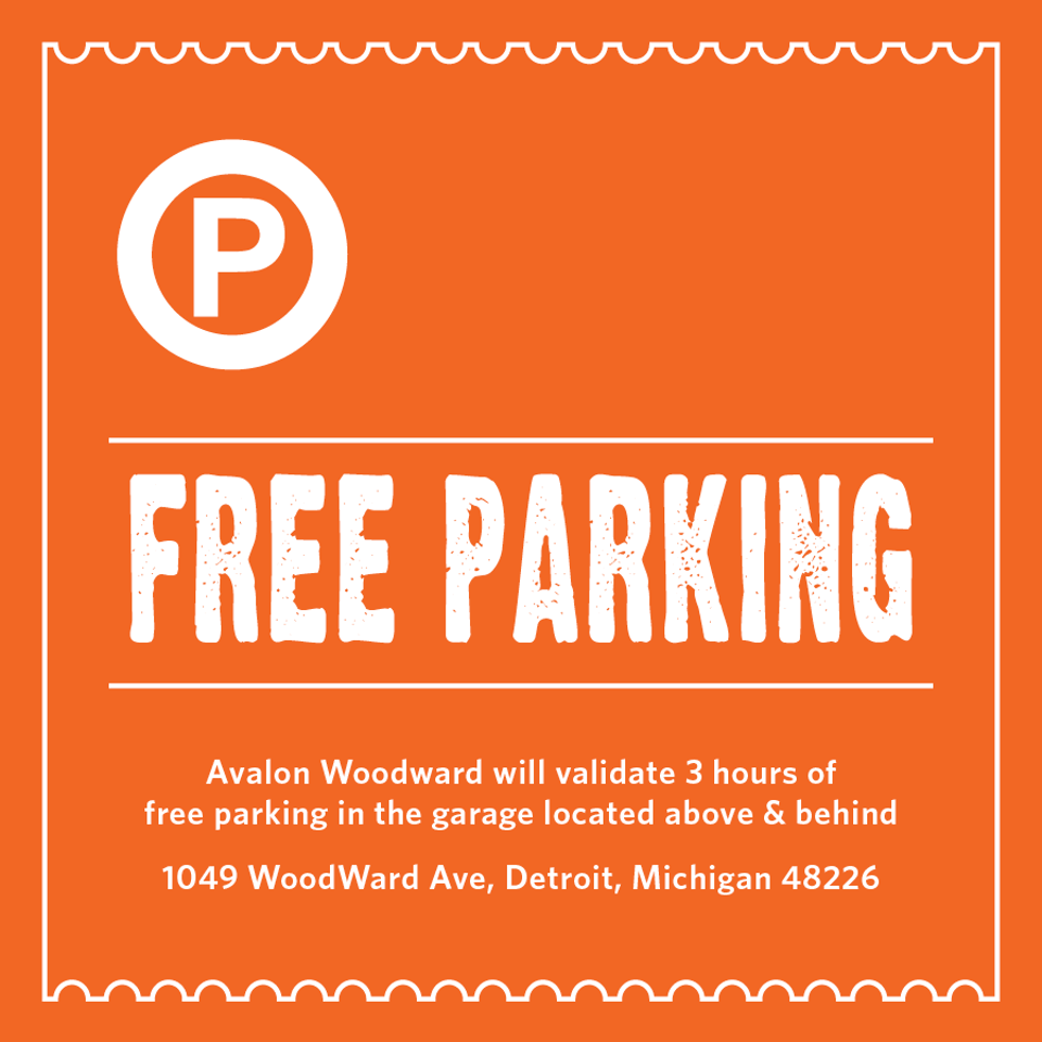 Orange Avalon Woodward sign announcing three hours of free garage parking at 1049 Woodward Avenue in Detroit.