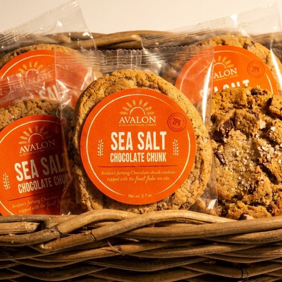 Wicker basket filled with individually wrapped Avalon Sea Salt Chocolate Chunk cookies with orange labels.