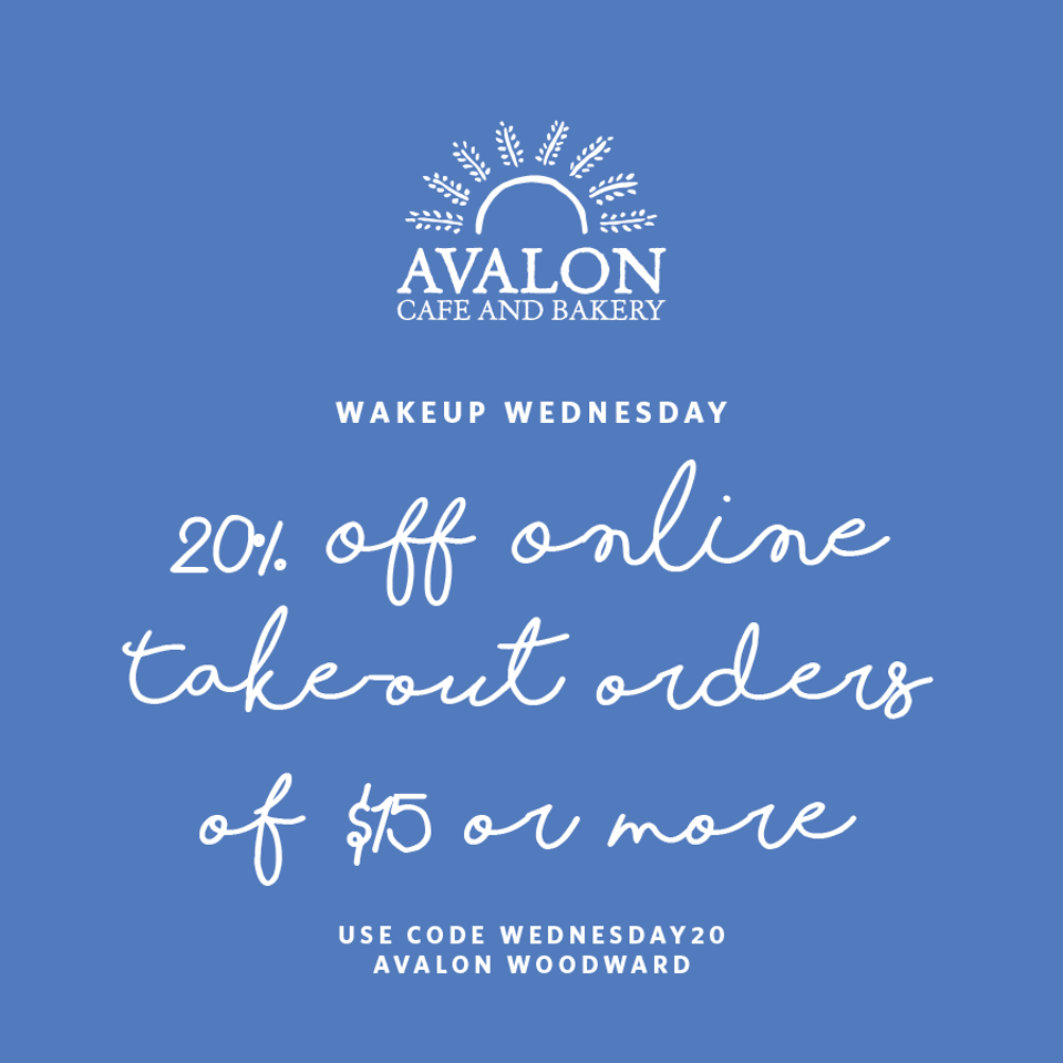 Avalon Cafe and Bakery graphic advertising 20% off online takeaway orders of $15 or more on Wakeup Wednesday.