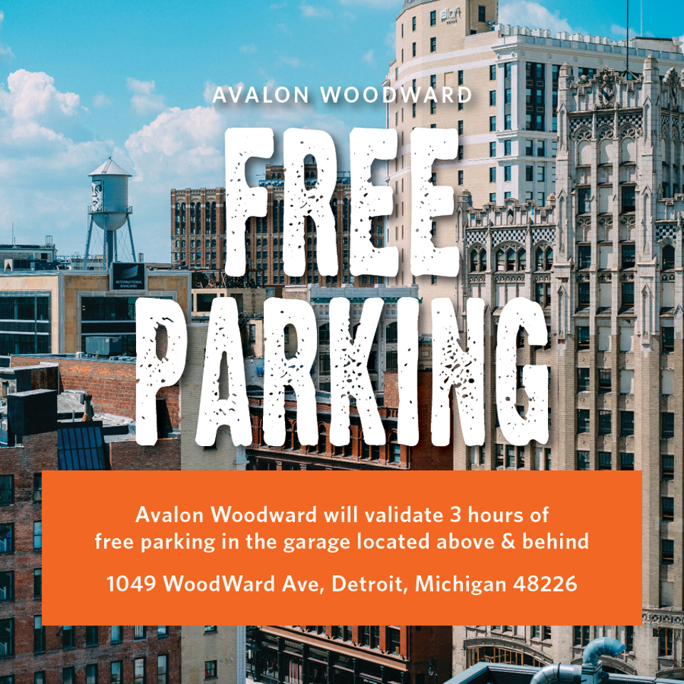 Avalon Woodward parking graphic over a Detroit skyline, announcing three hours of validated garage parking at 1049 Woodward Avenue.