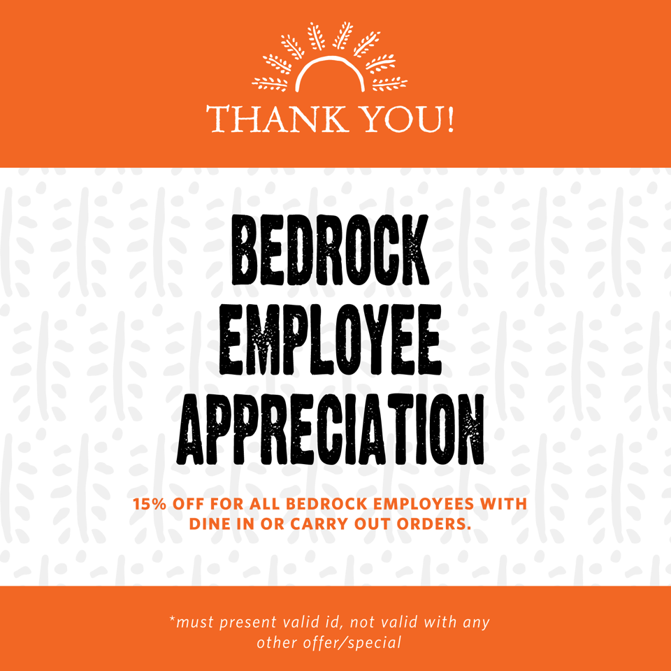 Promotional graphic offering 15% off dine-in or carryout orders for Bedrock employees, with orange and white patterned design.