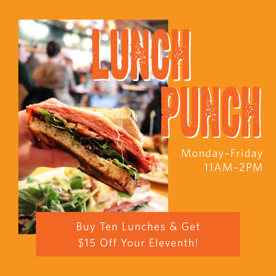 Hand holding a deli sandwich with sliced meat and greens, promoting a weekday lunch special offering $15 off the eleventh lunch.