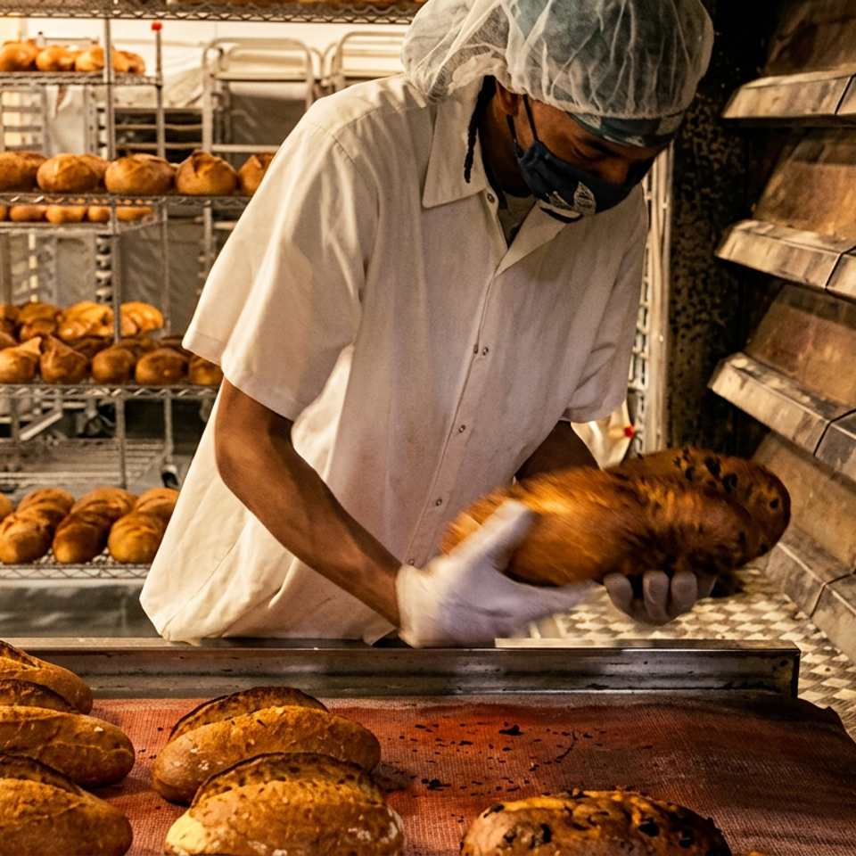 Baker in a hairnet and mask placing freshly baked loaves of bread onto a cooling rack.
