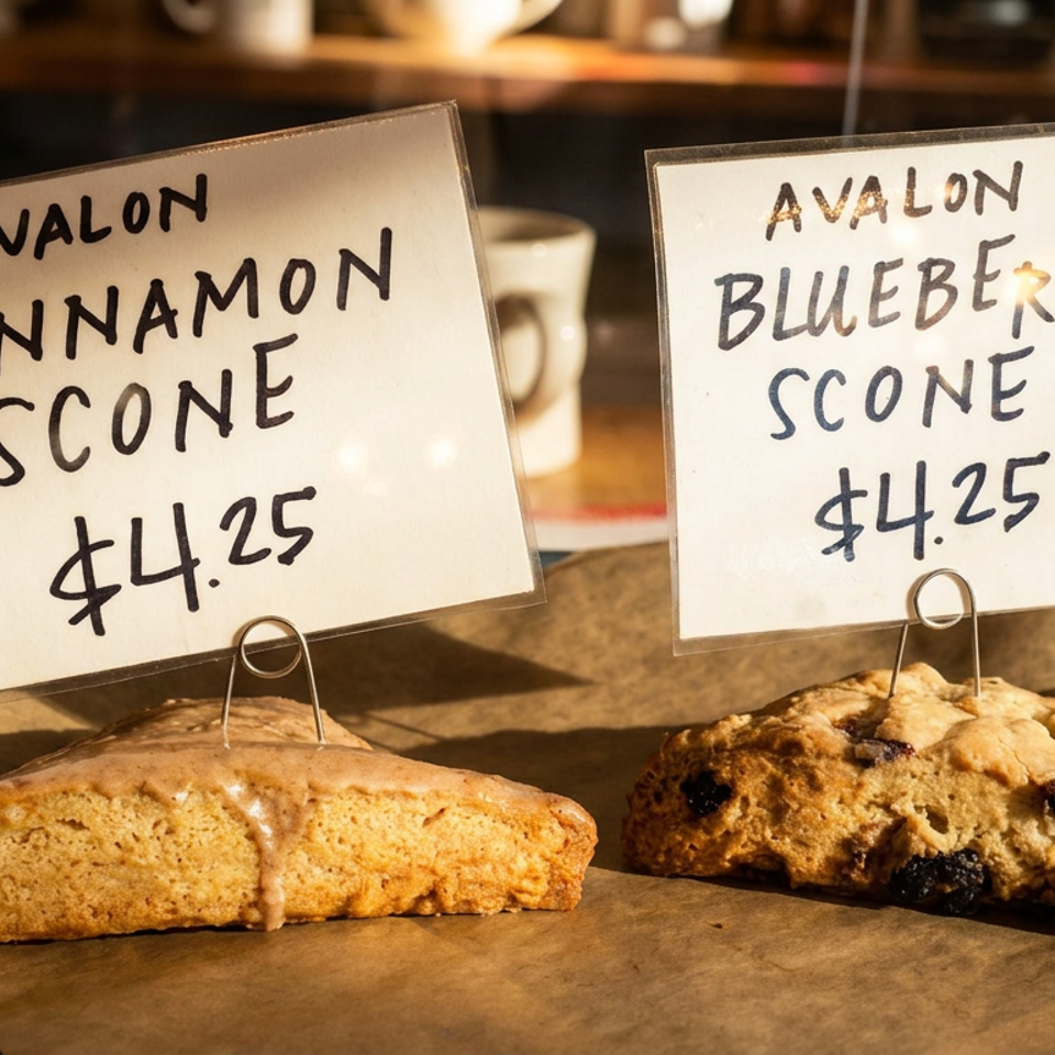 Avalon Bakery cinnamon and blueberry scones with price tags displayed on brown paper.