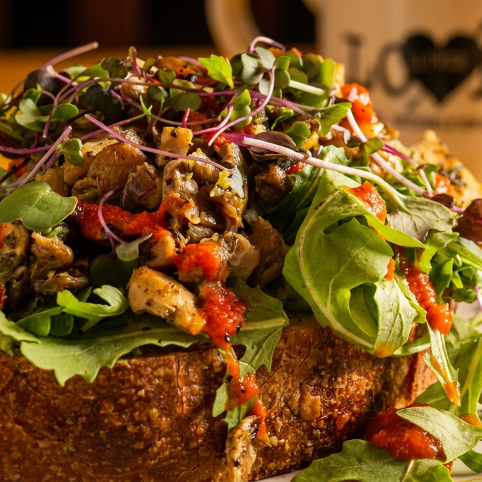 Close-up of a thick slice of toast topped with greens, mushrooms, and red sauce.